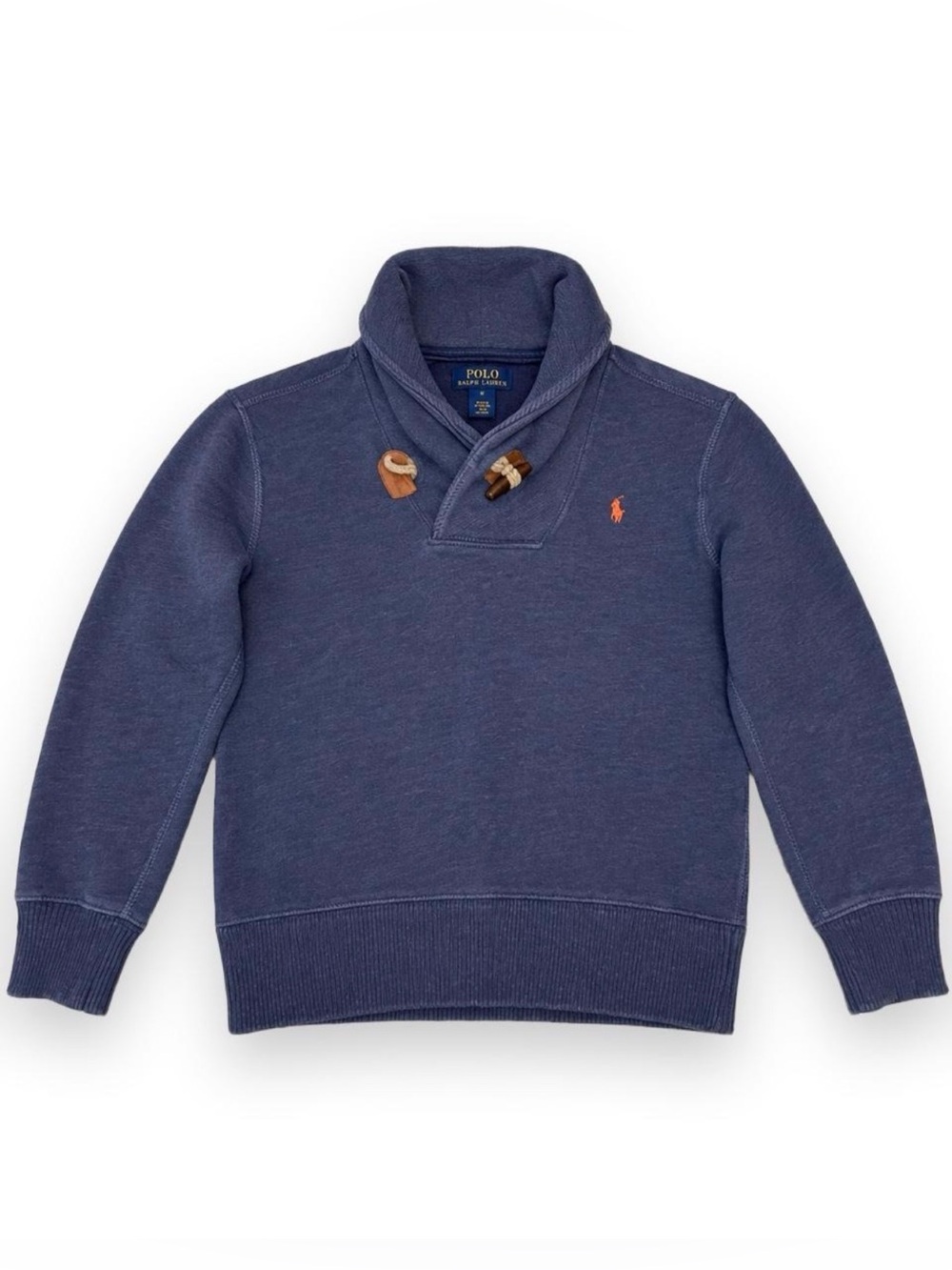 Polo Ralph Lauren Boys Size 5 Blue Shawl Collar Toggle Sweatshirt Elbow Patches